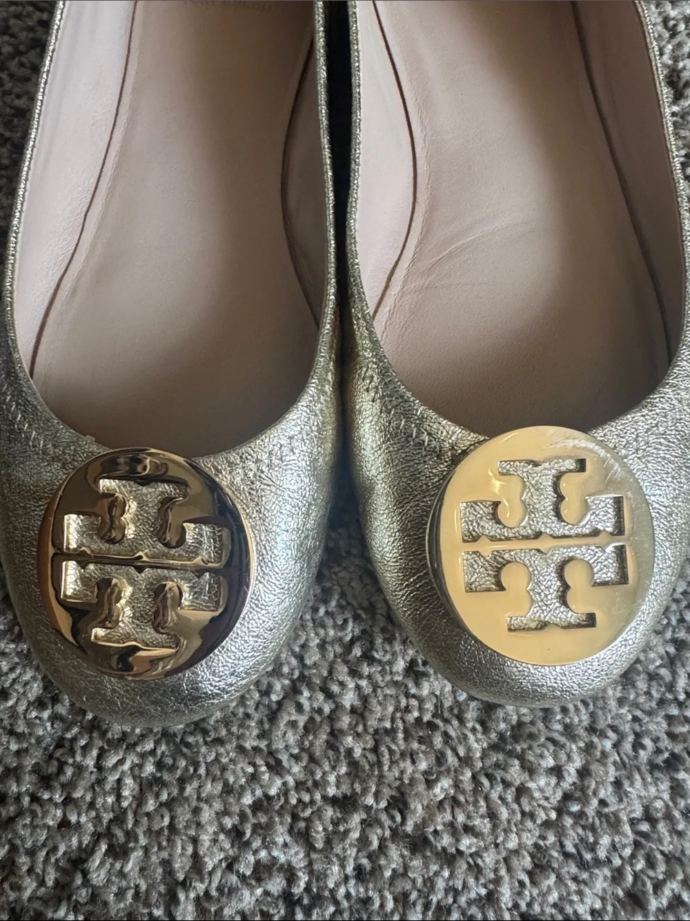 Tory Burch Metallic Gold Leather Logo Ballet Flats
